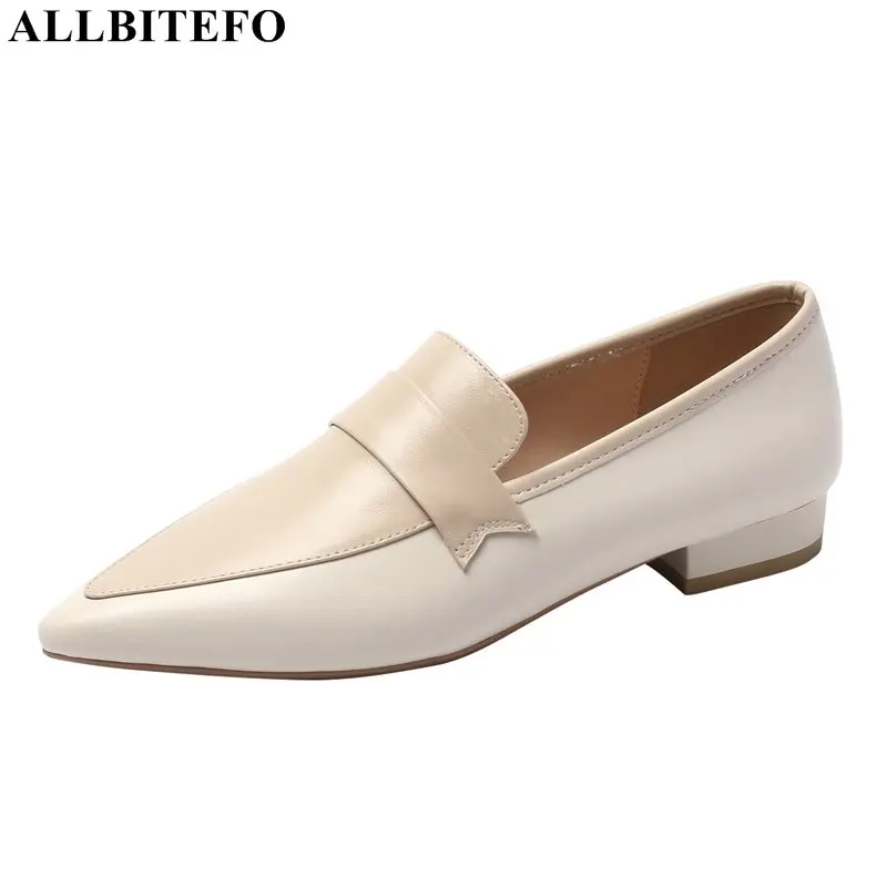 

ALLBITEFO soft genuine leather low heel shoes women heels pointed toe office career work shoes fashion casual heel women shoes