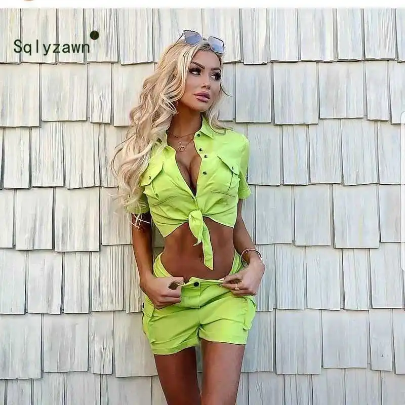 

2 Two Piece Set Women Sexy Green Denim Jacket Suits Tracksuit Casual Short Sleeve Bow Jean Crop Tops & Shorts Outfits Plus Size