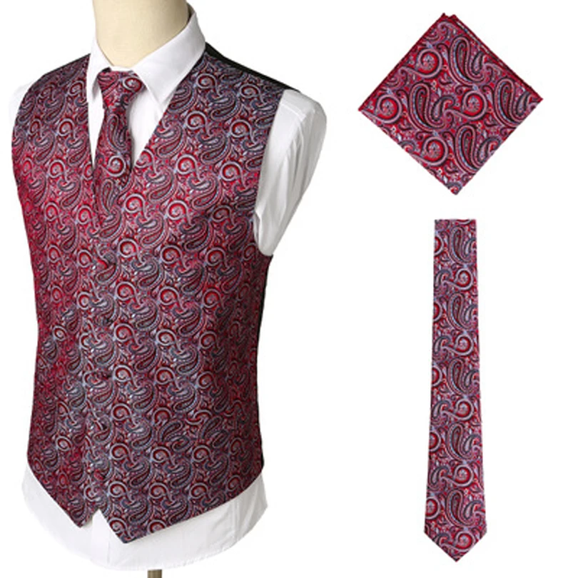 3pcs Gold Vest Mens Suit Vest Classic Paisley Jacquard Waistcoat Handkerchief Party Wedding Tie Ves