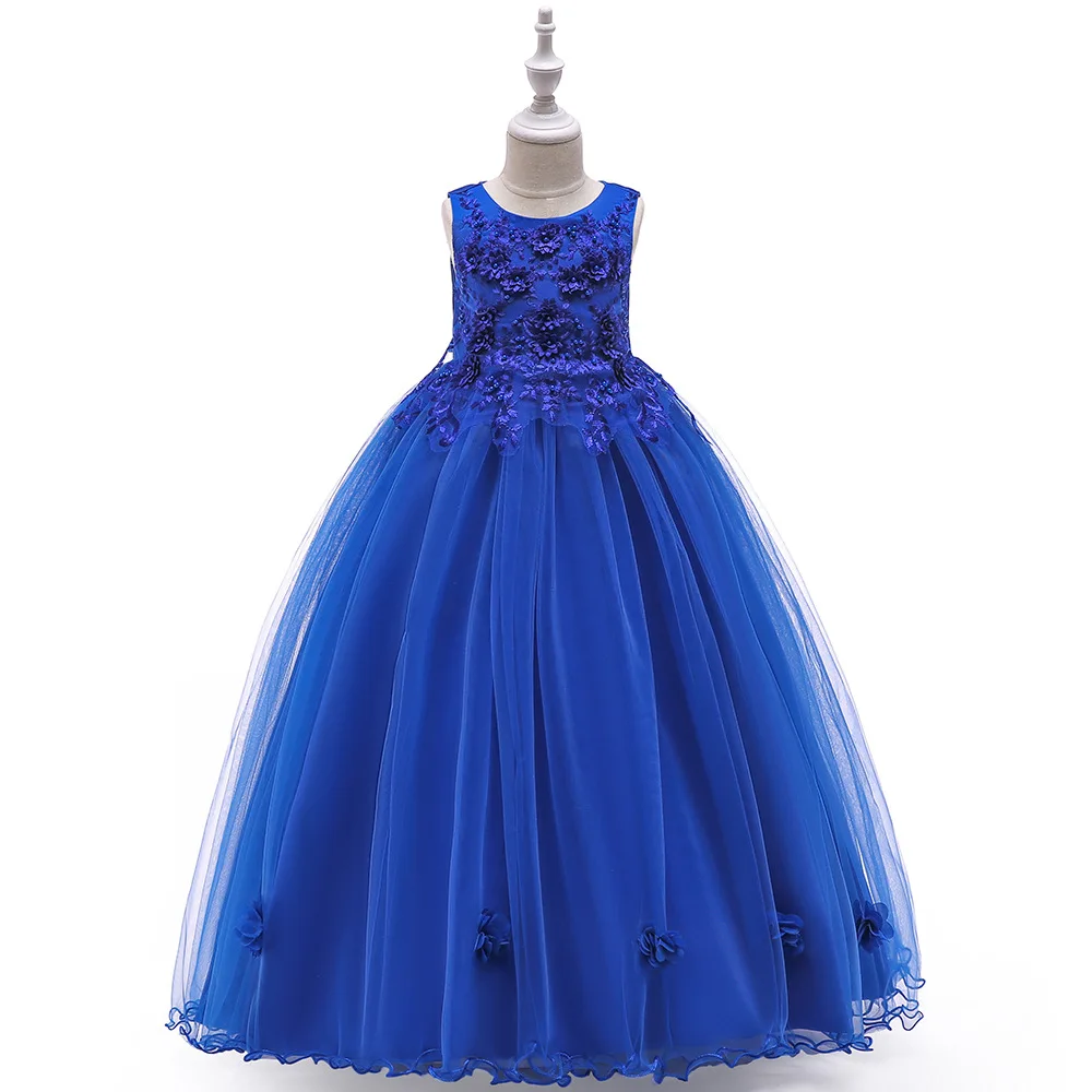 Высококачественное серое длинное бальное платье из тюля без рукавов с цветочным узором для девочек; платье принцессы на свадьбу; детская праздничная одежда для дня рождения; BW204 - Цвет: Blue