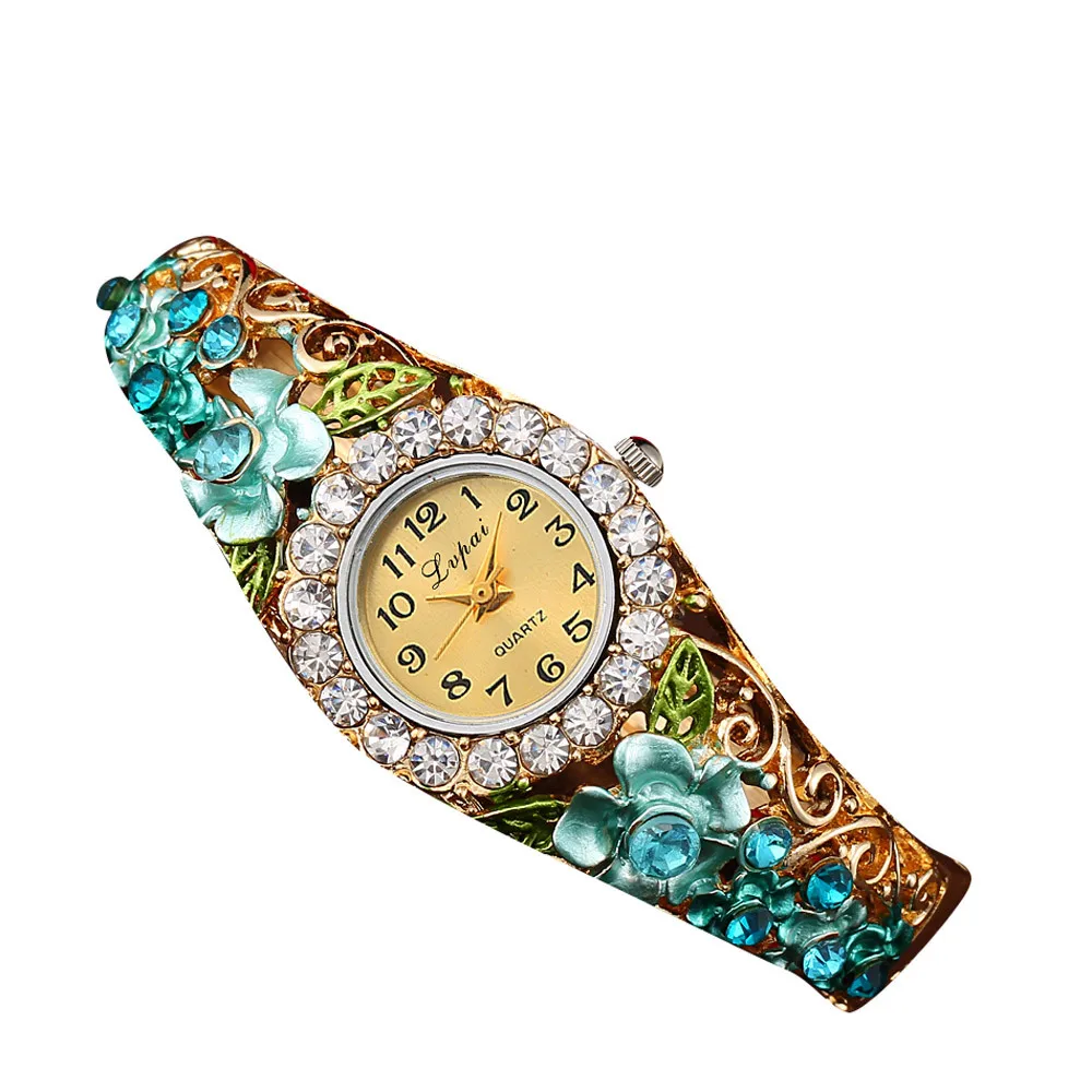 

LVPAI Women watches Fashion Woman Stainless Steel Crystal Dial Quartz Crystal stone flower Bracelet Wrist Watch lady dress G20