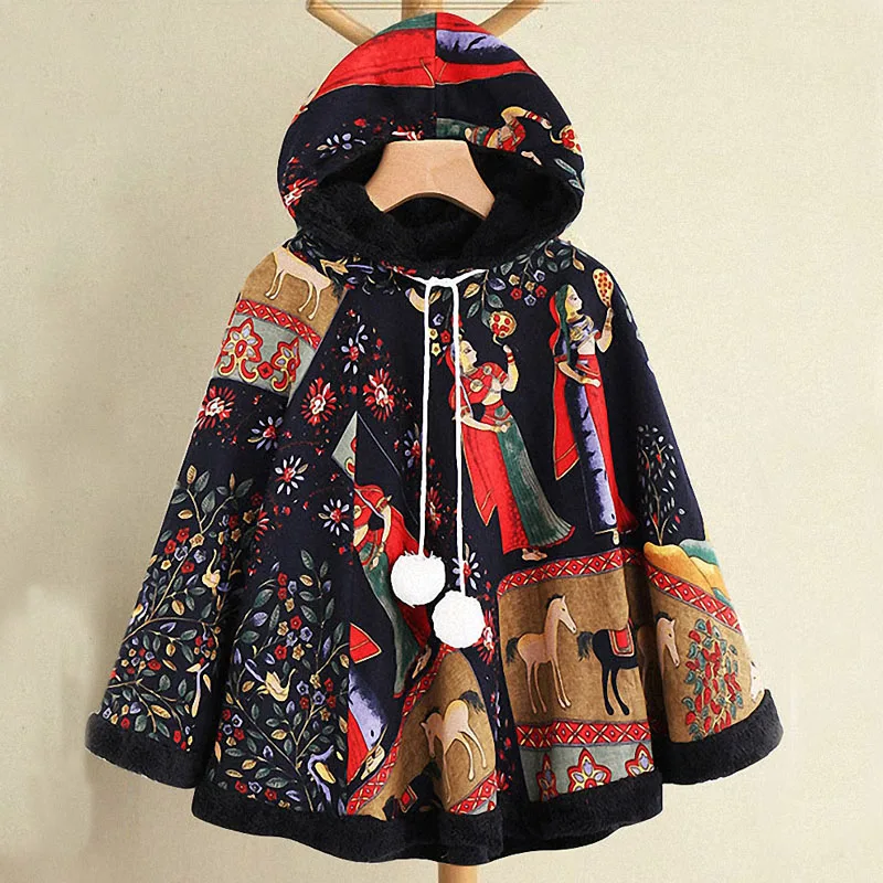 

QPFJQD Female Vintage Velvet Thickening Cloak Ponchos Hoodies Flowers Printing Character Women Winter Fleece Cotton Jacket Coats