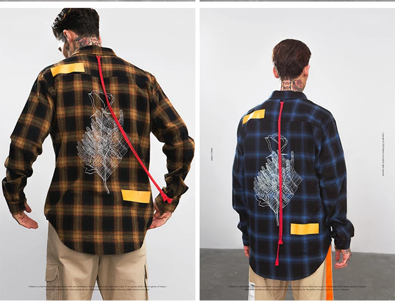 Checkered Korean Fashion Shirt Desinger Long Hip Hop  (2)