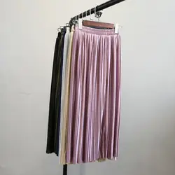 2019 Весна новое поступление корейский стиль Атлас винтажная плиссированная юбка женские юбки Largas Elegantes 6 цветов в наличии БЕСПЛАТНАЯ