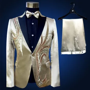 

Free shipping mens light champagne golden sequined beading black collar tuxedo jacket/stage performance, jaceket with pants