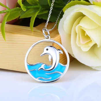 

New arrival 925 sterling silver cute animal dolphin pendant chain necklace with enamel diy fashion jewelry making women gifts
