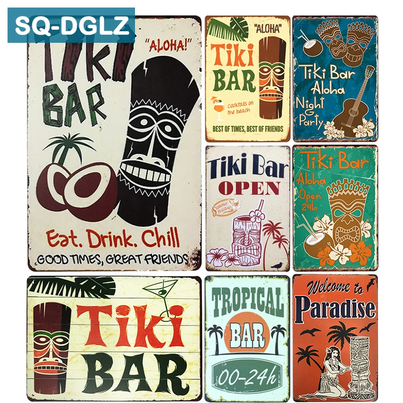 

[SQ-DGLZ]Hot Tiki BAR Eat Drink Chill Metal Sign Vintage Metal Plates Cafe Pub Club Home Wall Decor Tin Signs Retro Plaque