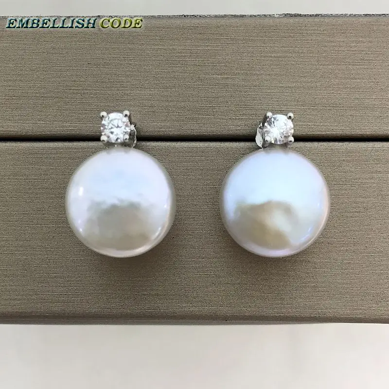 charming natural freshwater coin Button 13mm flat round fine pearls jewelry earrings zirconium for women