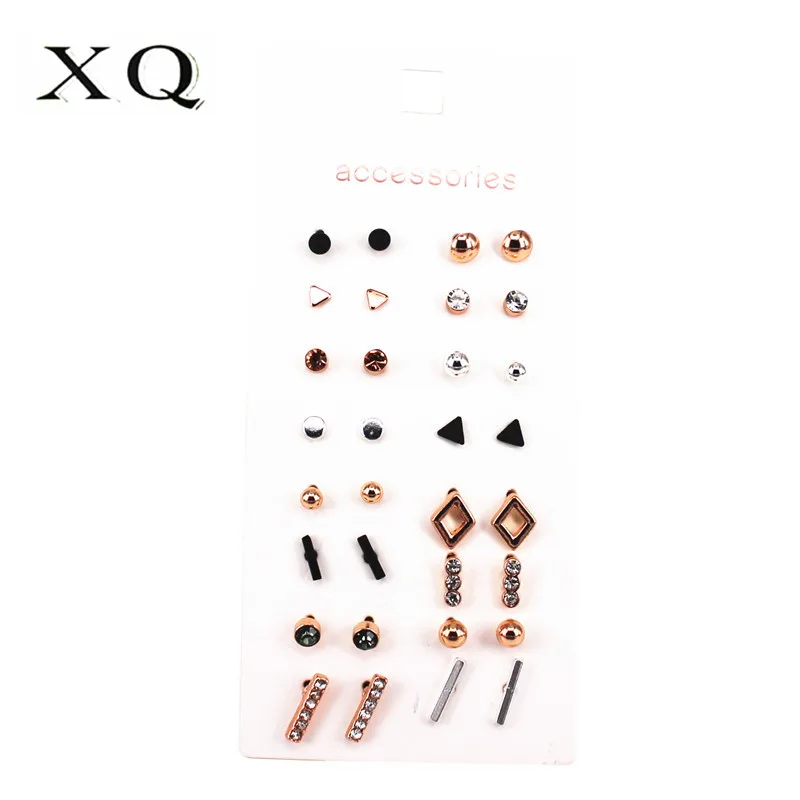 XQ Korean style stud earrings set 16 pairs / card black plated rose gold color triangle geometry combination woman accessories | Украшения