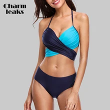 Charmleaks Women Bikini Set Halter Swimwear Solid Color Swimsuit Cross Bandage Sexy Bikini Bathing Suit Beachwear stylish solid color beads embellished halter bikini set for women
