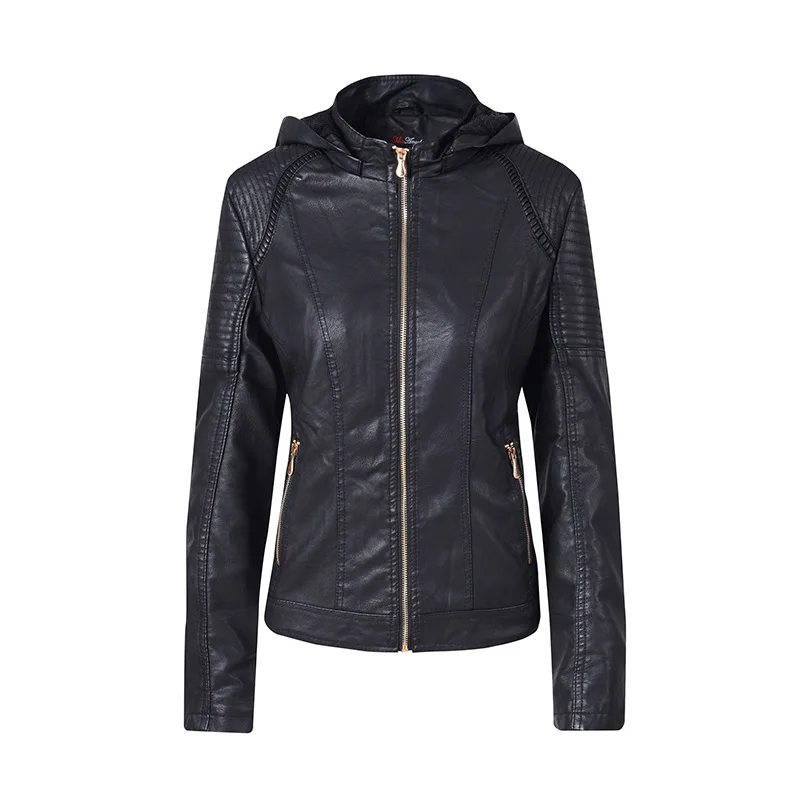 

2020 New Fashion Women Autumn Winter Black Faux Leather Jackets Zipper Basic Coat Hooded Collar Biker Jacket With Zipper