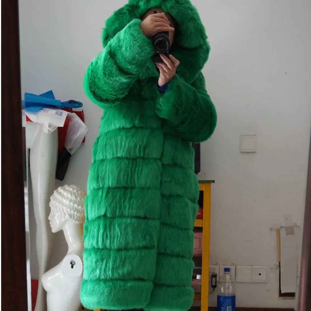 GTGYFF winter hooded hoodies green faux fake fur jacket coat outerwear warm thermal overcoat