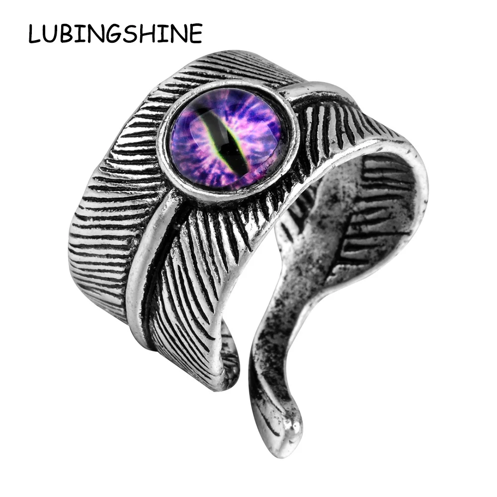 

LUBINGSHINE Antique Silver Color Punk Men Resizable Retro Finger Ring Red Blue Eye Crystal Leaf Knuckle Women Rings Jewelry