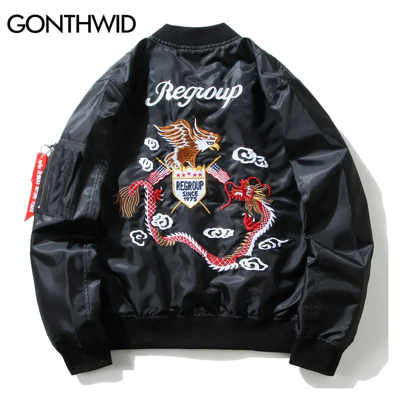 

GONTHWID Eagle Dragon Embroidery MA1 Bomber Jacket Coat 2019 Chinese Thin Pilot Bomber Jackets Hip Hop Zipper Pocket Streetwear