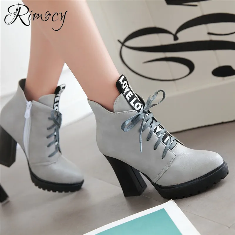 

Rimocy women round toe high heels shoes woman fashion letter short boots ladies lace up PU botines mujer warm booties gray shoes
