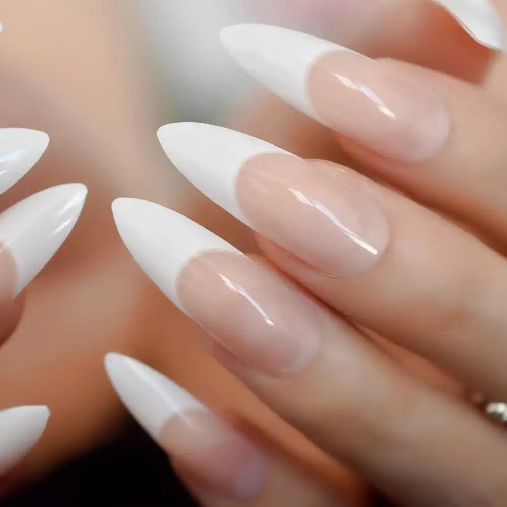 White French Tips Fake Nails Extra Long Stiletto False Nails Natural Painted Long Party Designed