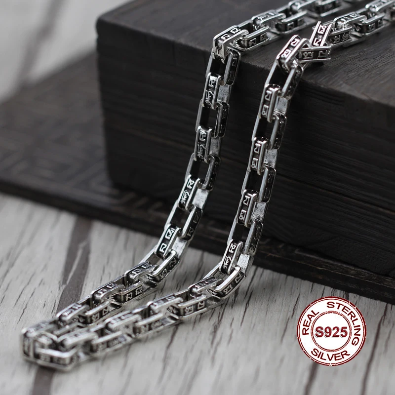 

925 sterling silver necklace Buddhist accessories Retro six-word mantra necklace Men's personality sweater chain Send lover's