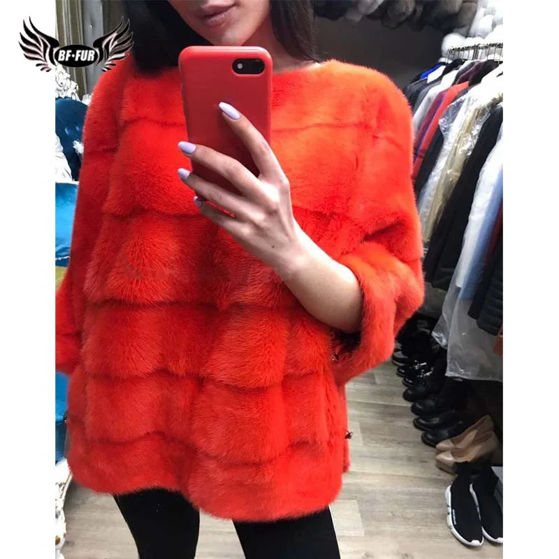 BFFUR женские пальто Зимняя мода тонкий мех норки пальто для женщин Подлинная Летучая мышь с рукавами лиса жилет o-образным вырезом лисий мех жилет 45 см - Цвет: Photo Color