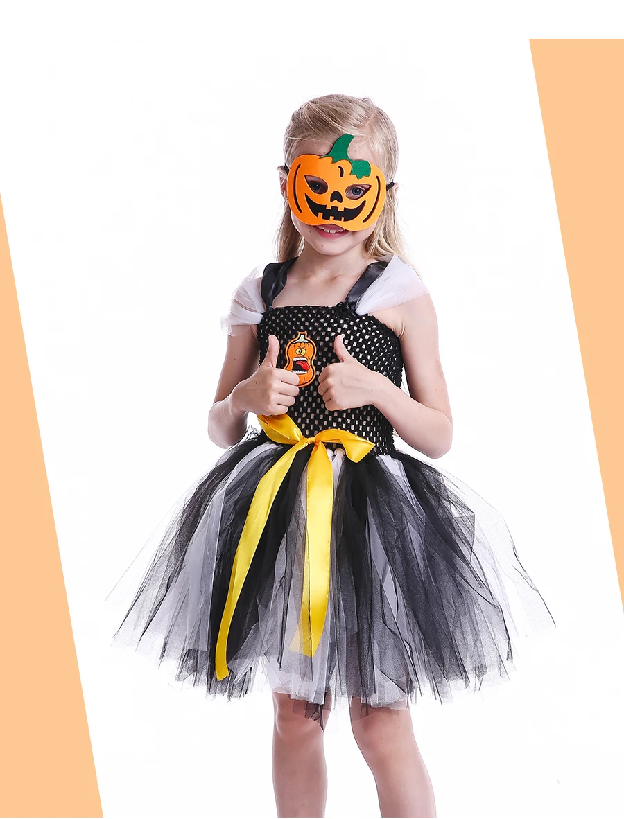 Halloween Jack o Lantern Tutu Dress Personalized Girls Pumpkin Tulle Dress with Matching Mask Kids Ghost Clothing for Party (2)