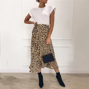 

Women Ladies Leopard Print Skirts Elegant Ruffles high waist Split long Skirt Fashion Female jupe femme Streetwear