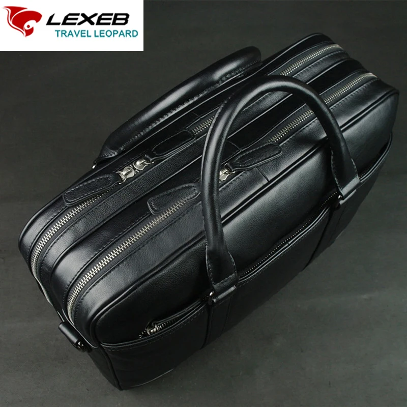 LEXEB Office Bags For Men Lawyer Briefcase Black Leather, Attached 15 Inches Laptop Cases Double Zips Open Two Main Bags Hot