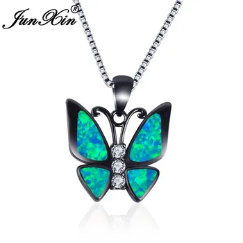 

JUNXIN New Black Gold Filled Animal Choker White Crystal Zircon Necklace For Women Vivid Blue/White Fire Opal Butterfly Pendants