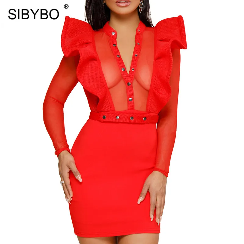 Женское прозрачное Сетчатое платье Sibybo Осеннее мини со стоячим воротником и