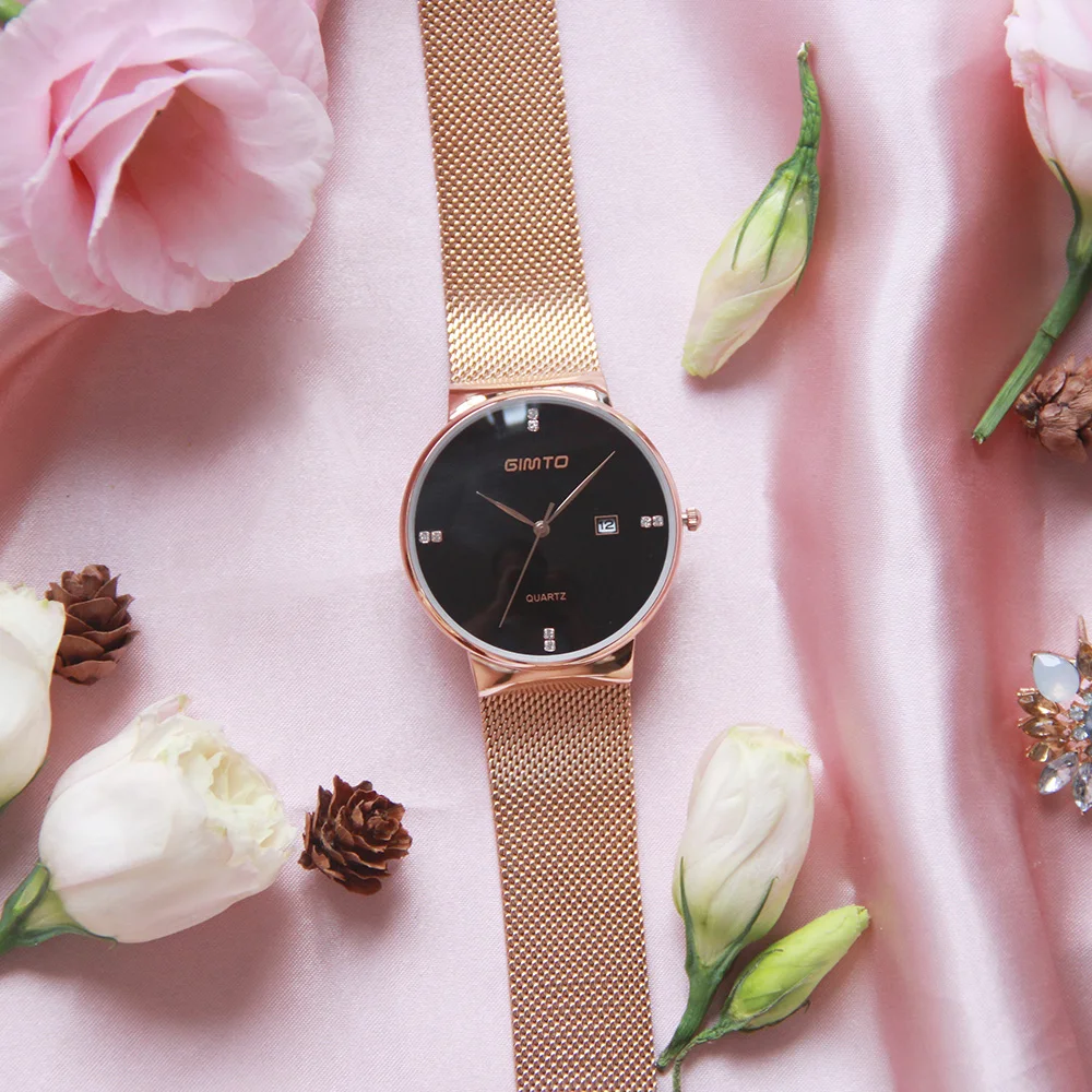 Luxury GIMTO Fashion Ladies Watches Rose Gold Women Watches Elegant Minimalism Rhinestone Casual Black Female Waterproof Clock
