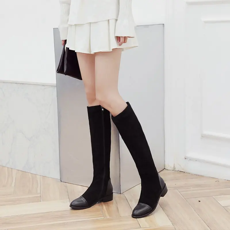 

2018autumn winte new leather women's shoes flat comfortable knight boots simple side zipper wild over the knee high Long boots.