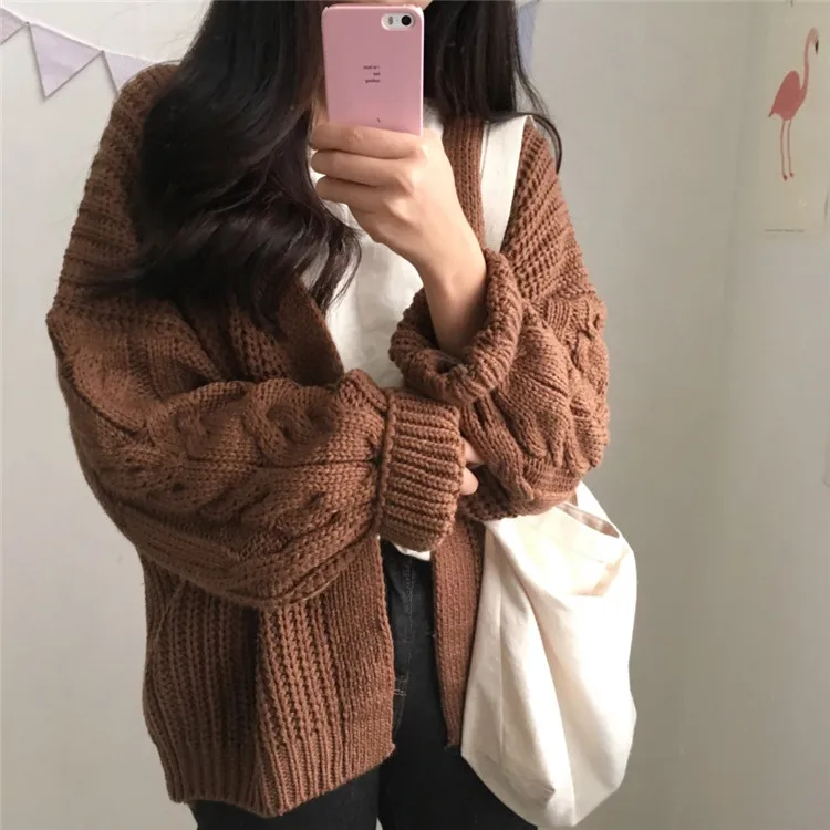 Chic Autumn Winter New Women's Cardigan Sweater Knitting Twist Loose Solid Full Sleeve Korean Casual Fashion Tops C97623D - Color: Brown