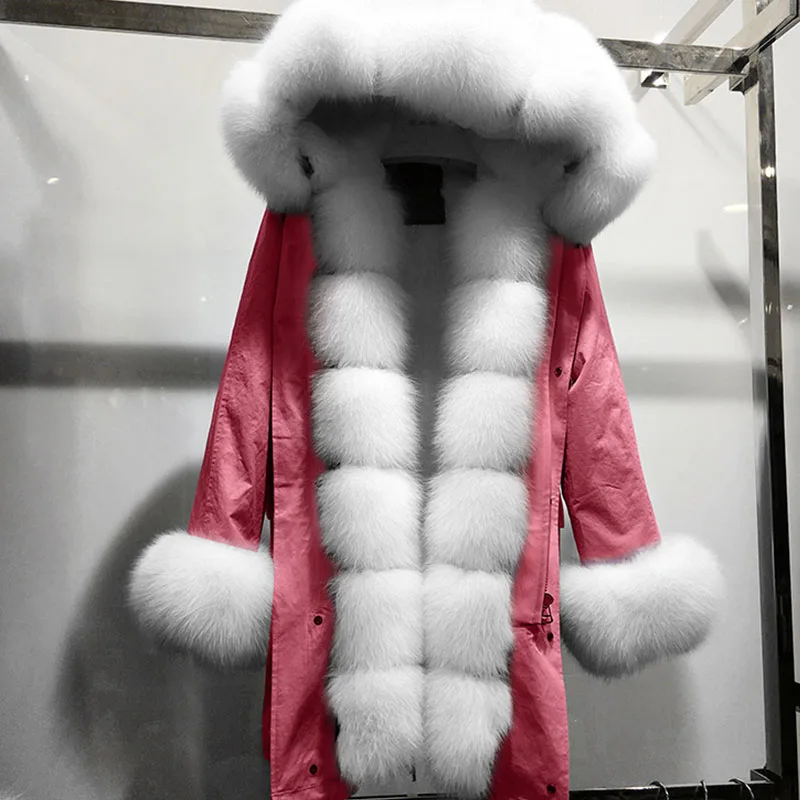 Pink and White LVCHI натуральный градиент натуральный Лисий мех пальто зимнее теплое с лисьим меховым воротником средней длины модное очаровательное женское облегающее лисий мех - Цвет: Pink and White