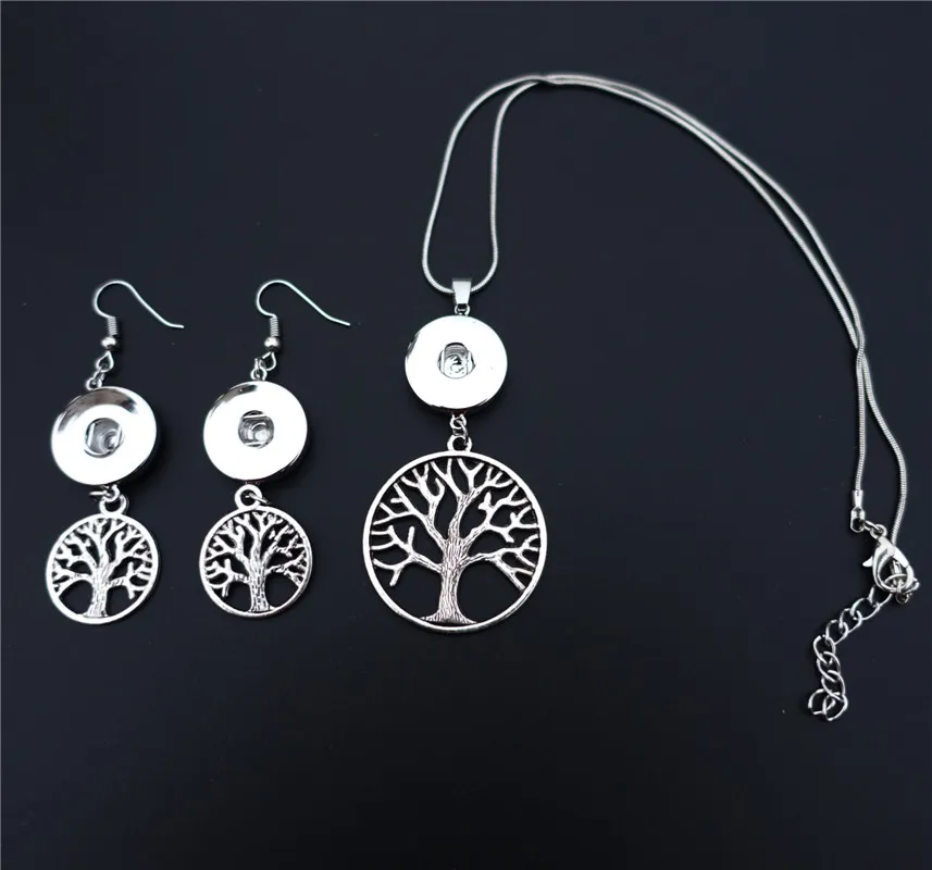 

Vintage Metal 18mm Snap Buttons Life Trees Necklace Earrings Jewelry Set