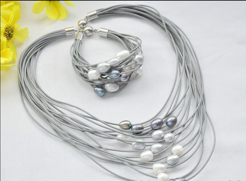 

Hot sell Noble- z6971 15Strds 13mm white black gray rice pearl gray leather necklace & bracelet (A0516)