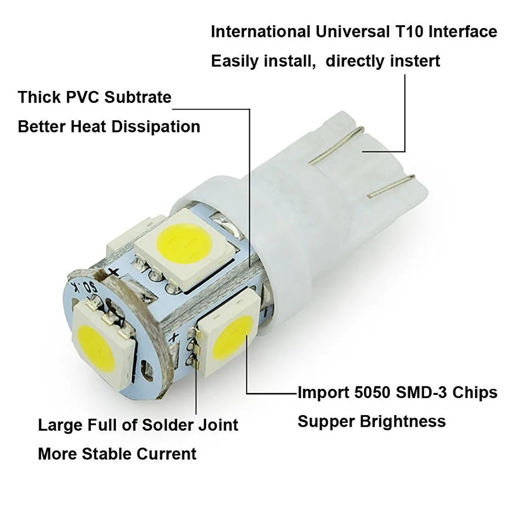 500 шт. T10 Клин 5SMD 5050 ксеноновые Светодиодный лампочки 192 168 194 W5W 2825 158 белый Dashboard номер лицензии плиты лампочки