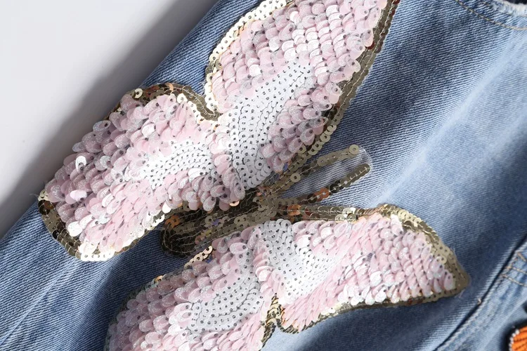 Женская Ручная работа с пайетками джинсы с бриллиантами хрустальные бусины роскошные кисточки рваные нашивки джинсовые брюки NZ04