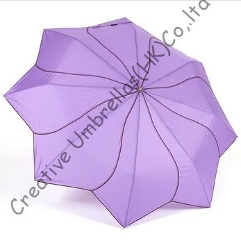 

Manual Lotus leaves umbrellas,sunflower,190T pongee,three fold,laidies' parasol,rotated black embroidery piping,windmill shape