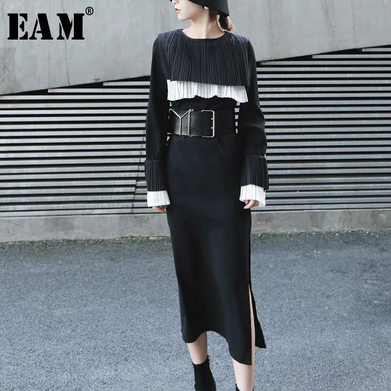 

[EAM] 2019 New Autumn Winter Round Neck Long Sleeve Black Hit Color Loose Pleated Stitch Hem Vent Dress Women Fashion JO201