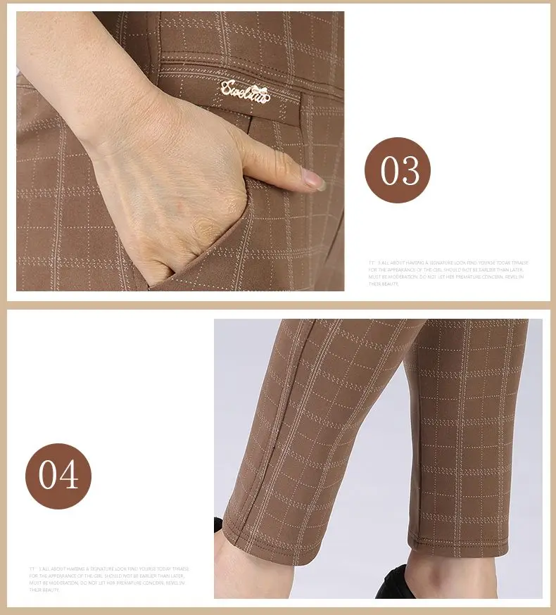 Spring Autumn Woman Casual Pant Navy Blue Black Khaki Gray Trousers Middle Aged Women Plaid Pattern Pants High Waist Trousers Mother Bottoms (1)