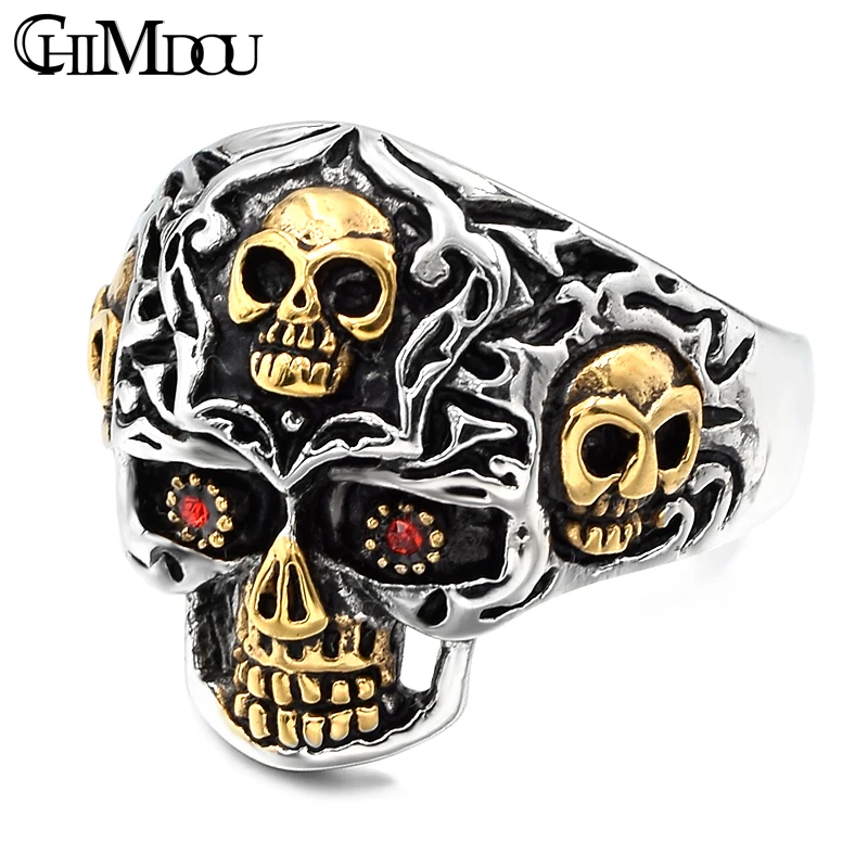

Gold Color Stainless Steel Rings for Motorcycle Biker PUNK Red Eye Skulls Ring Men's Jewelry, drop shipping AR413