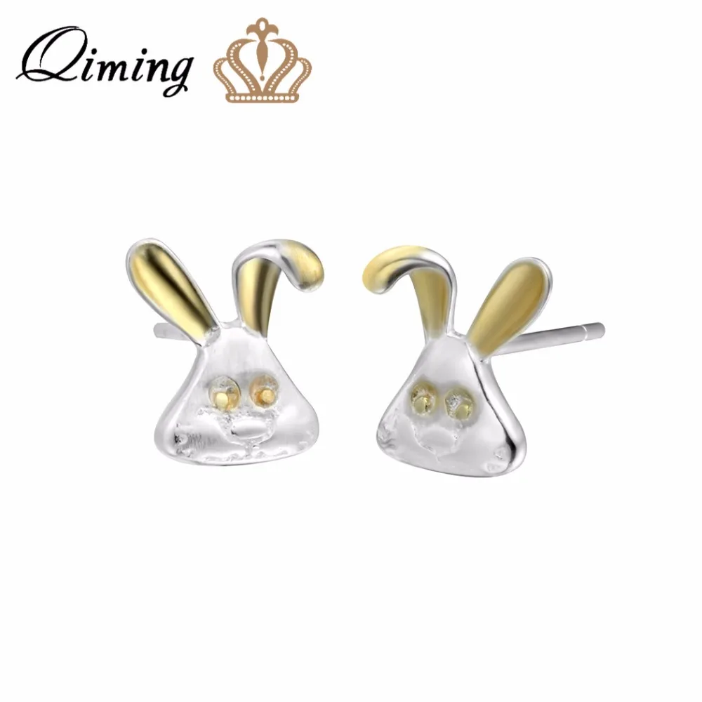 

QIMING Silver Jewelry Cute Rabbit Earrings For Women Tiny Rabbit Ear Baby Jewelry Lovely Stud Earrings Bijoux Femme