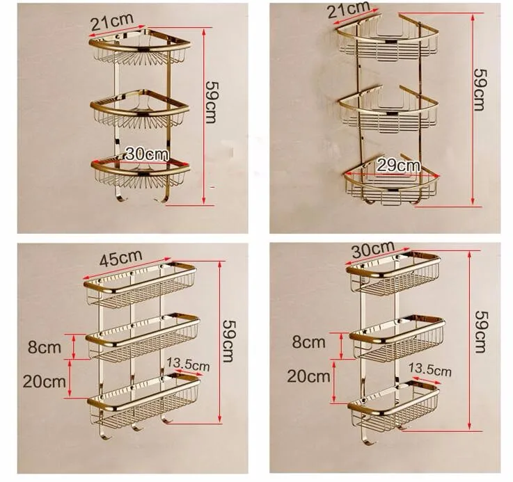 Настенная медная полка для ванной комнаты, трехуровневая Золотая полка для ванной и душа, высокое качество, держатель для ванной и шампуня, держатель для корзины, угловая полка