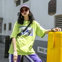 Домашний Harajuku яркие цвета, письма, характер печати, свободного кроя, футболка с короткими рукавами летние