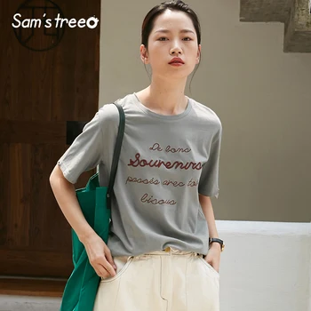 

Samstree Casual Loose Summer Women T-shirts Letter Embroidery Sheer Cotton Ladies Tops O-Neck Short Sleeve Female Tees