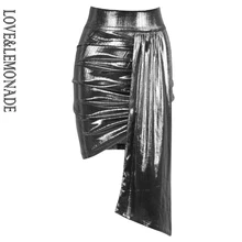 Love& Lemonade сексуальная высокая талия серебряные складки растяжки Светоотражающая юбка LM81786