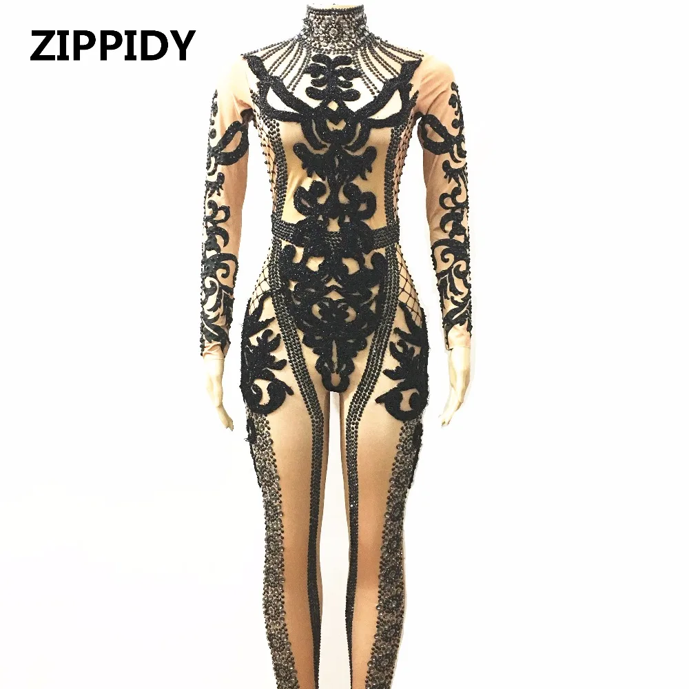 Sexy Sparkly Black Crystals Jumpsuit Prom Performance Outfit Party Celebrate Glisten Stones