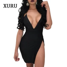 XURU Sexy Deep V-Neck Bandage Dress Women Off The Shoulder Backless Split Mini Dress Red Black Party Club Short Dress off the shoulder mini dress in black