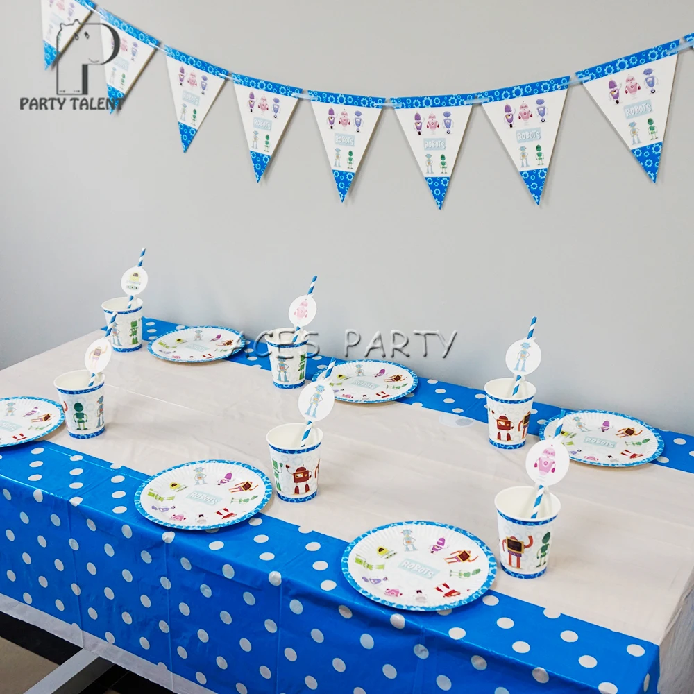 Для 12 детей 38 шт. робот тематическая вечеринка на день рождения комплект посуды, тарелка+ соломинка+ стекло+ планшет+ баннер и т. Д