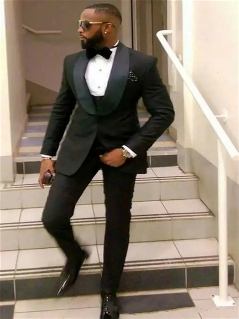 

Black Groom Tuxedos Men Suit Shawl Lapel Wedding Suits For Men Best Man Blazer Men's Suits 3 Piece Costume Homme Mariage