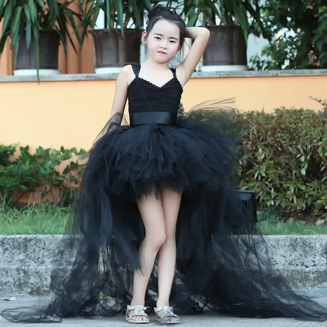 Train Tail Girls Black Tutu Dress Baby Bridesmaid Flower Girl Wedding Dress Tulle Ball Gown Kids Halloween Evening Party Dresses,in Dresses from