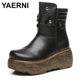 

YAERNI Retro Women Leather Boots Winter Warm Plush Insole Mid Calf Boots For Women 7 CM High Heels Wedge Snow Boots Sale E378